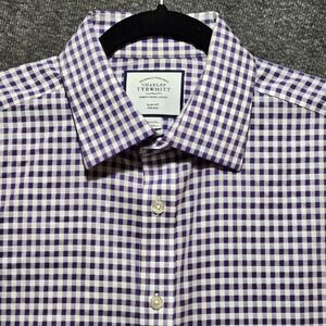 Charles Tyrwhitt Shirt Mens 16.5 / 35 White Purple Gingham Slim Fit Non-Iron